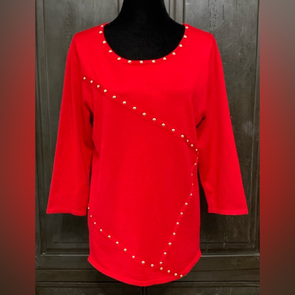 Questions Red oversized sweater with gold stones design. M